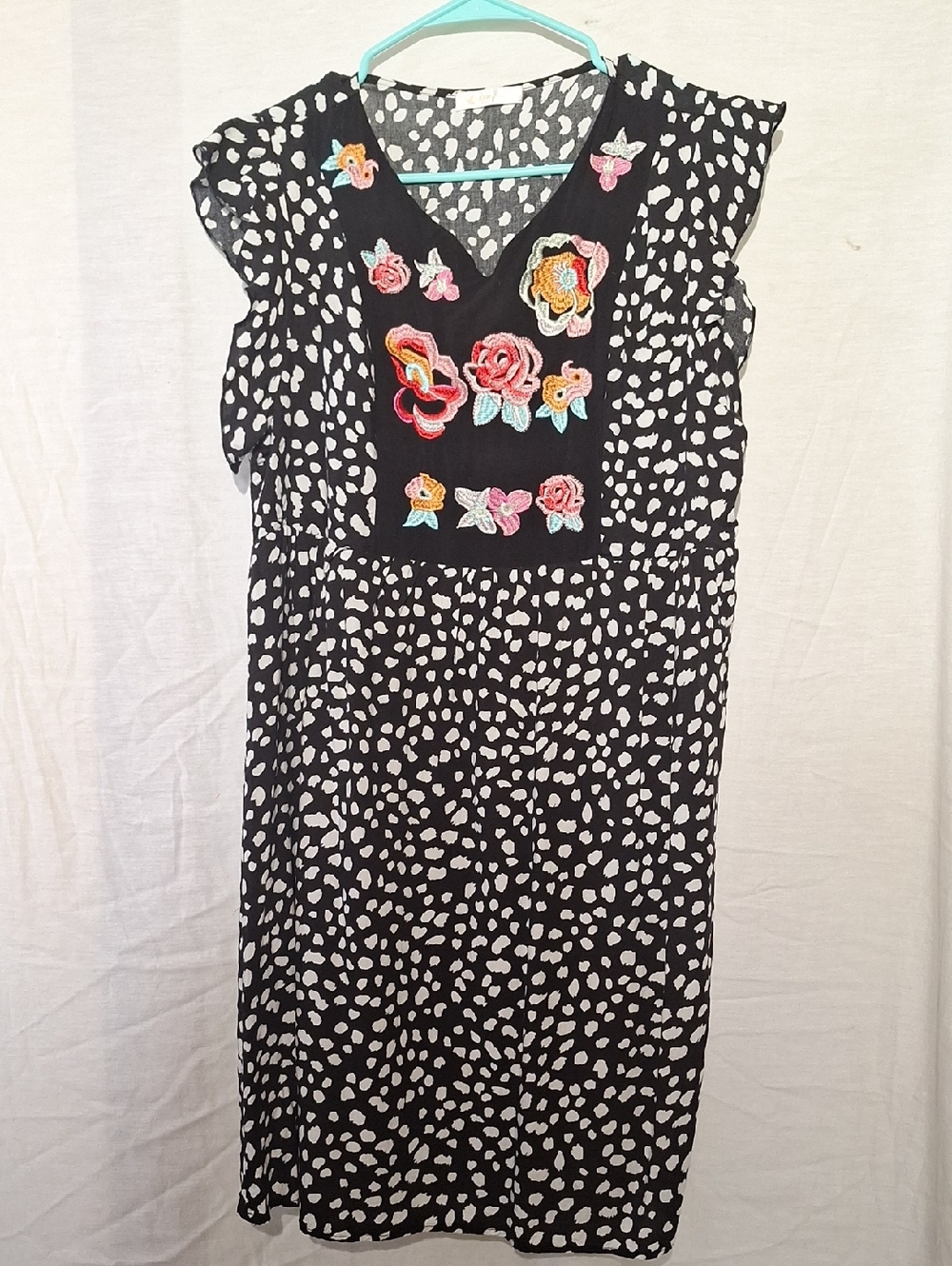 3/$20-Black and White Boho Midi Dress with Embroidered Floral Bib, Empire Waist